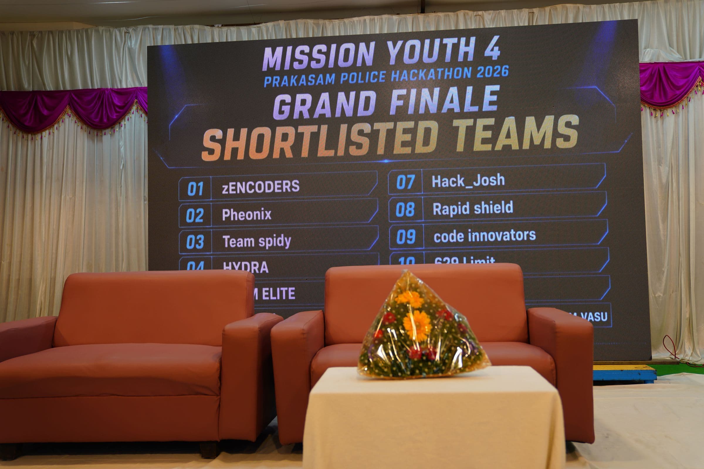 Grand finale leaderboard screen showing shortlisted teams at the Mission Youth 4 hackathon