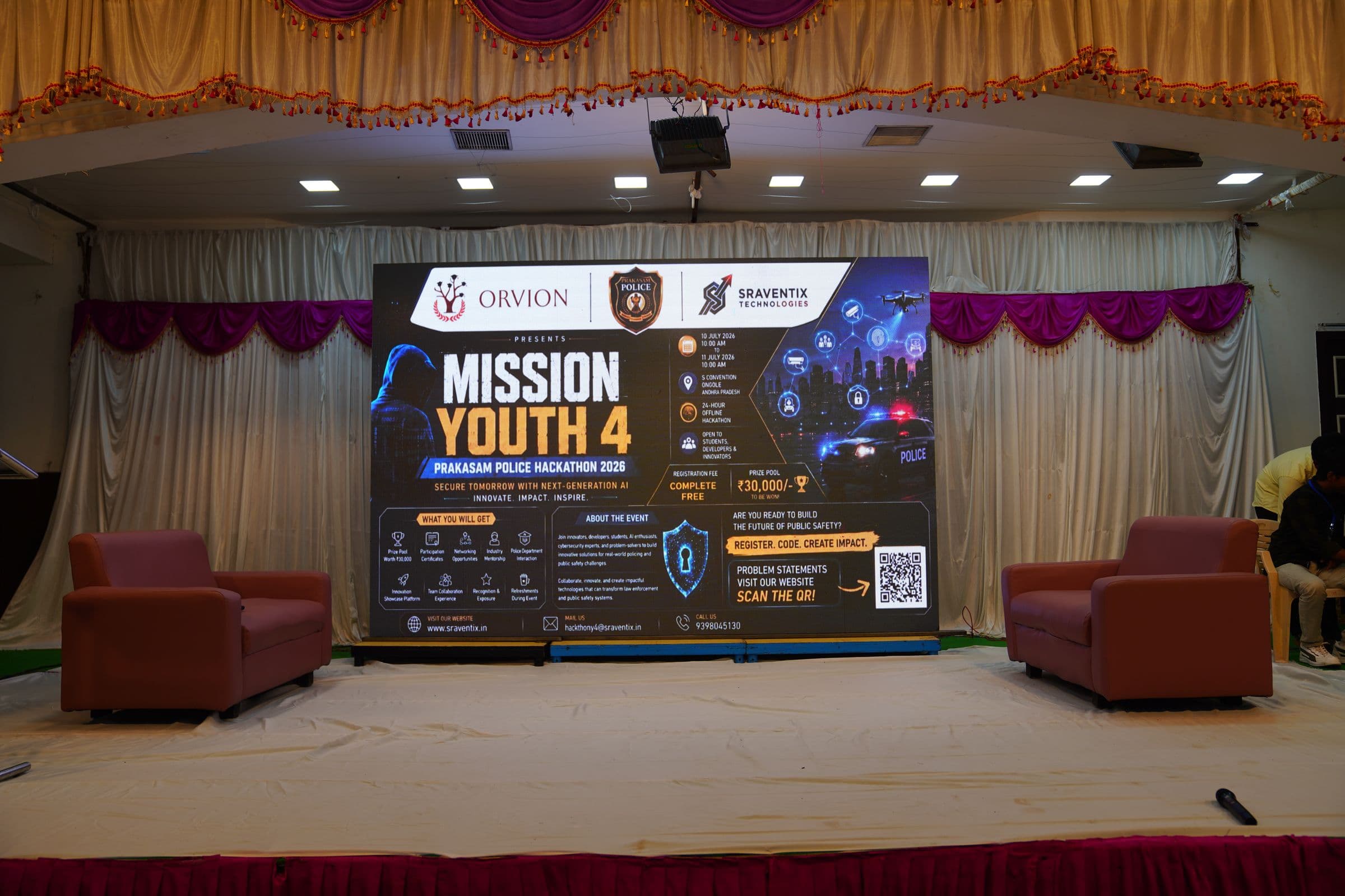 Mission Youth 4 — Prakasam Police Hackathon 2026 event backdrop, presented by Orvion, Prakasam Police, and Sraventix Technologies